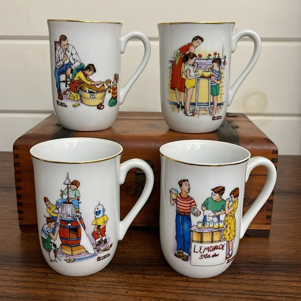 Set of (4) 1982 Norman Rockwell Good Old Days Diner Mugs